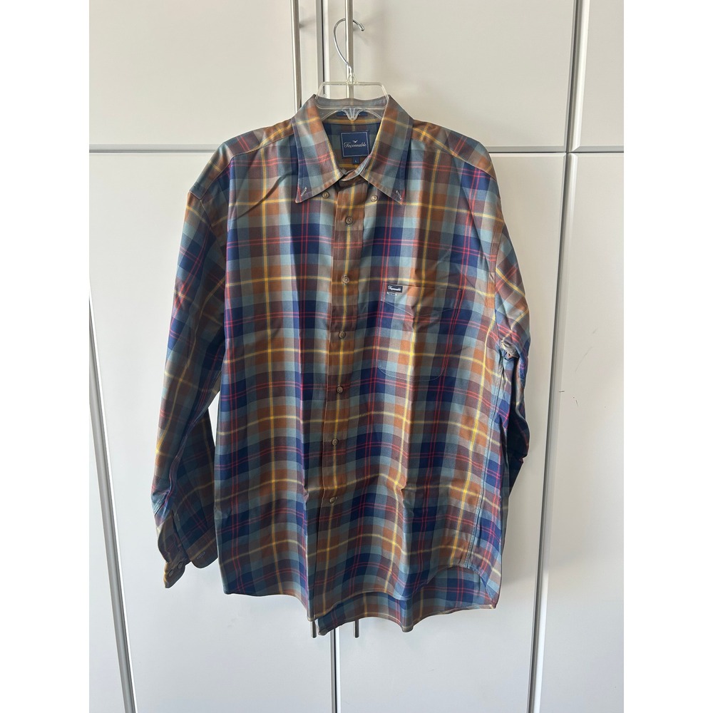 Faconnable Mens Plaid Button Down Shirt Large Blue Orange Cotton Long Sleeve